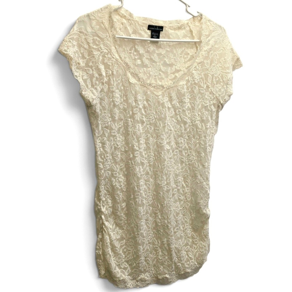 Moda Int'l Floral Lace Ruched Top Women's L Cream Sheer *Pink Shirt Not Included
